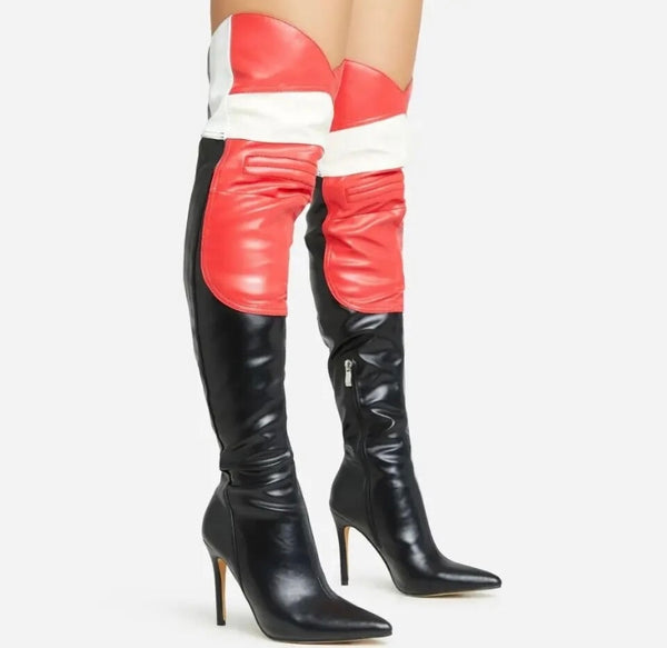 Women Pointed Toe Color Patchwork Over The Knee High Heel Boots