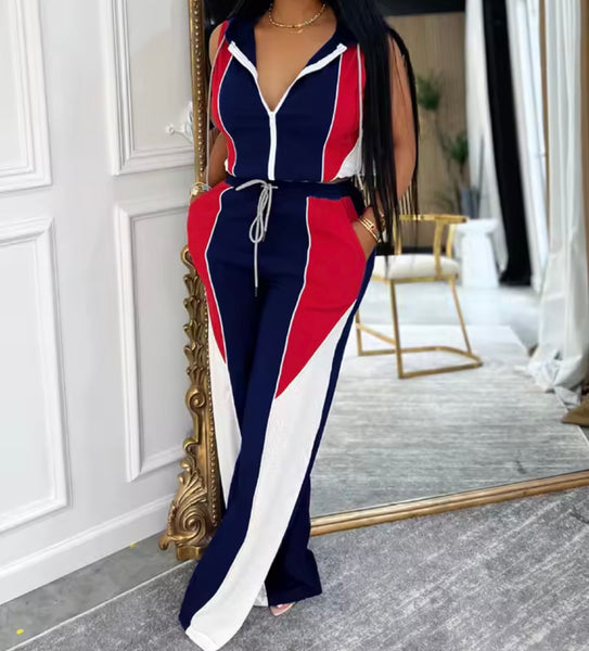 Women Sleeveless Hooded Color Patchwork Two Piece Tracksuit Pant Set