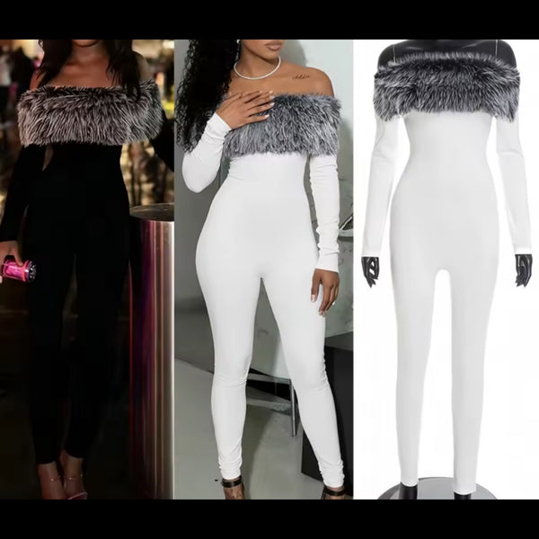 Women Fur Off The Shoulder Full Sleeve Fashion Jumpsuit
