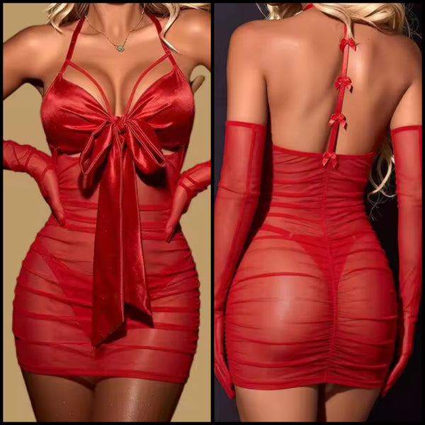 Women Red Sexy Sleeveless Bow Mesh Nightgown Lingerie Set