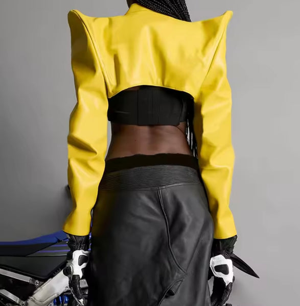 Women Yellow Fashion Faux Leather Zip Up Crop Jacket