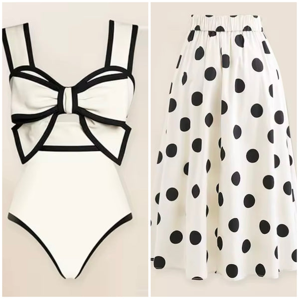 Women Fashion Bow Color Patchwork Polka Dot Swimsuit Cover Up Set