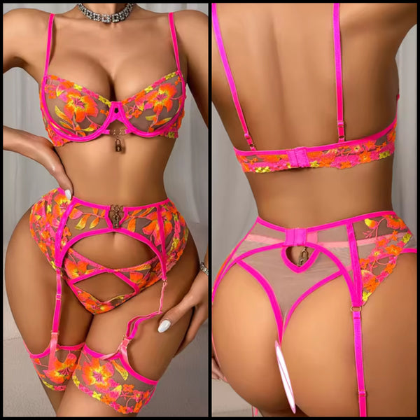Women Pink Color Floral Print Mesh Sexy Lingerie Set