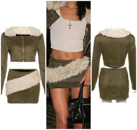 Women Velour Faux Fur Patchwork Zip Up Two Piece Skirt Set
