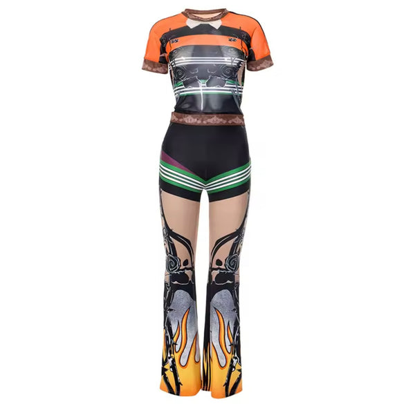 Women Sexy Multicolored Print Mesh Short Sleeve Two Piece Pant Set
