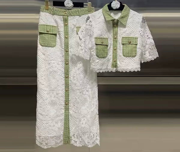 Women Button Up Short Sleeve Tweed Lace Two Piece Skirt Set