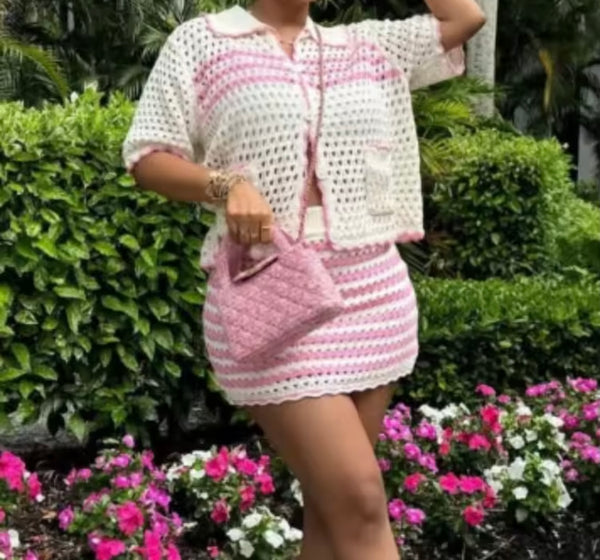 Women Sexy Short Sleeve Striped Knitted Two Piece Skirt Set