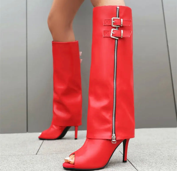 Women Open Toe Side Buckled Zipper Fashion Faux Leather Boots