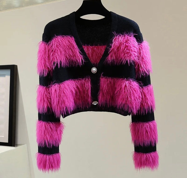 Women Fashion Button Up Color Patchwork Faux Fur Sweater Top