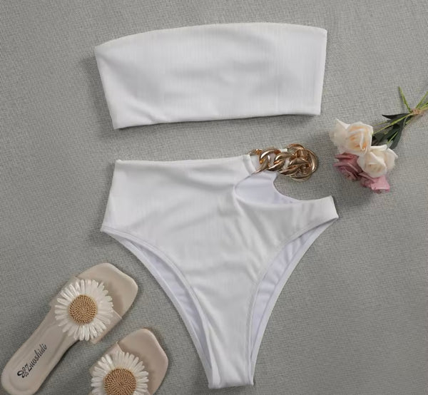 Women Sexy Strapless Solid Color Ribbed Gold Chain Bikini
