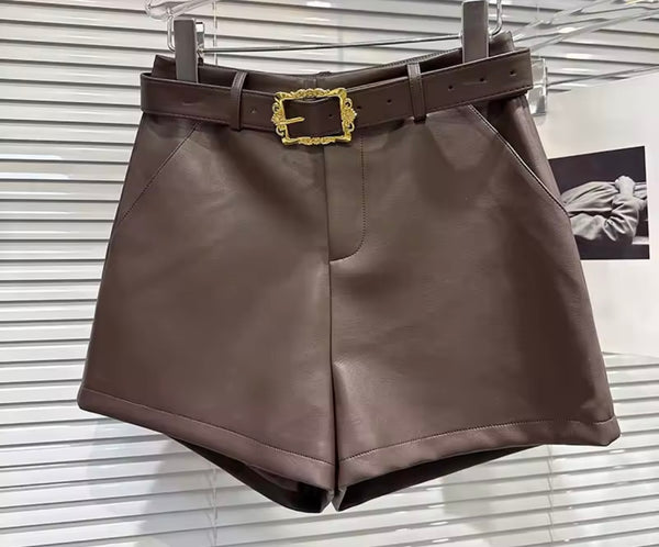 Women Fashion Belted Faux Leather Shorts