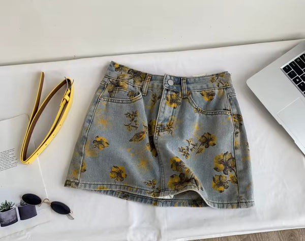 Women Fashion Yellow Floral Denim Skirt