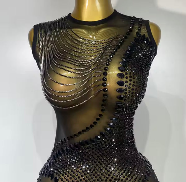Women Sexy Sleeveless See Through Chain Rhinestone Jumpsuit