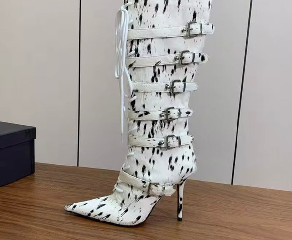 Women Fashion Mohair Lace Up Buckled Knee High Boots