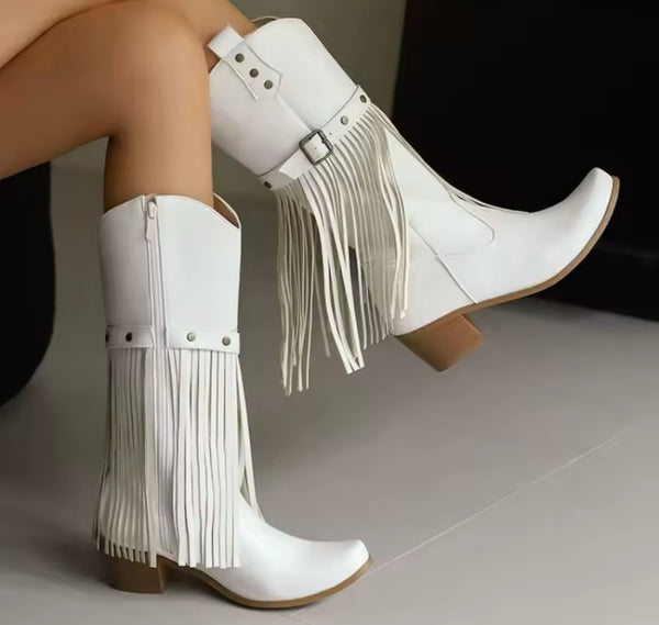 Women Fashion Fringe Tassel Knee High Western Boots