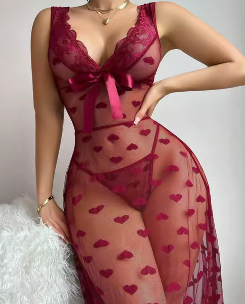 Women Sexy Heart Print Mesh Nightgown Lingerie Set