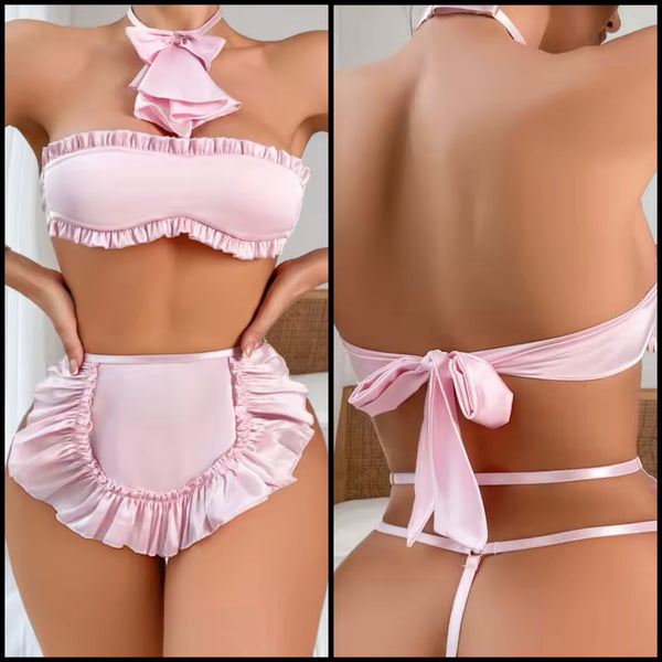 Women Pink Sexy Choker Ruffled Strapless Lingerie Set