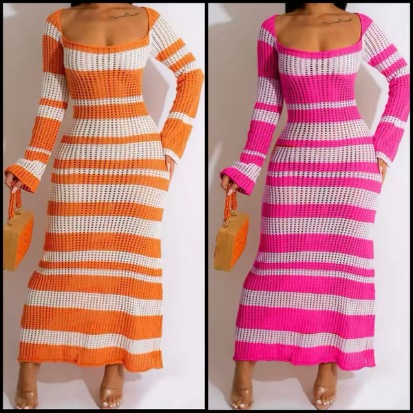 Women Sexy Color Patchwork Striped Knitted Maxi Dress