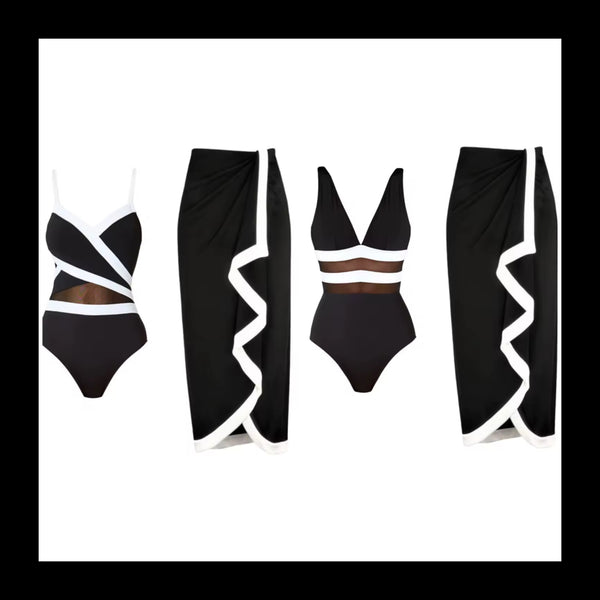 Women Sexy B&W Striped Swimsuit Cover Up Set