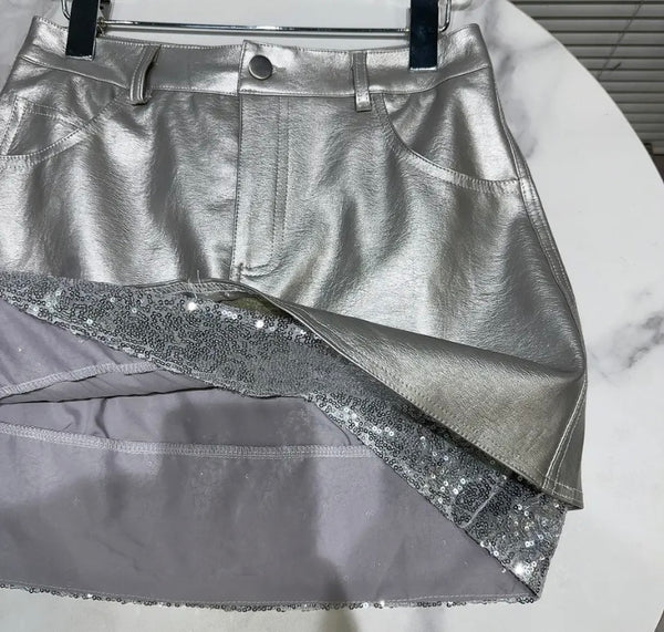 Women Fashion Silver Sequins Patchwork Faux Leather Skirt
