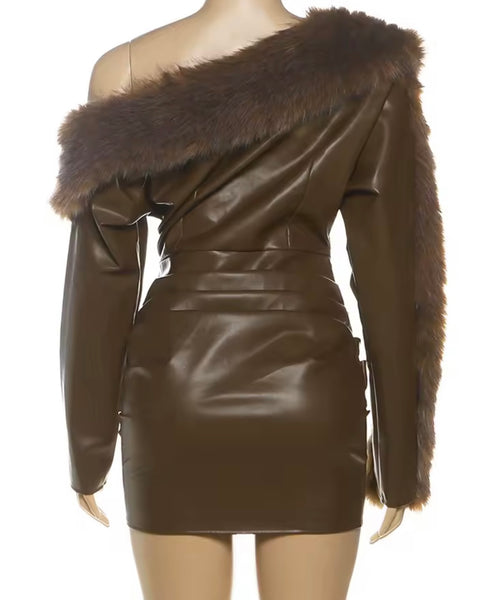 Women Sexy Brown Fur Faux Leather Full Sleeve Ruched Dress