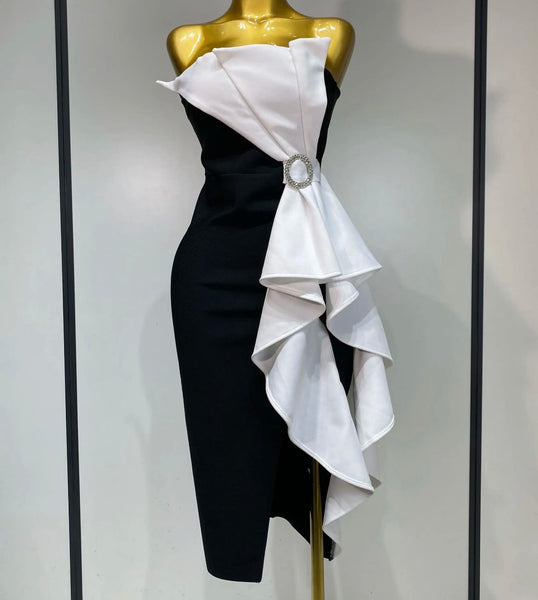 Women Sexy Strapless B&W Bling Ruffled Bandage Dress