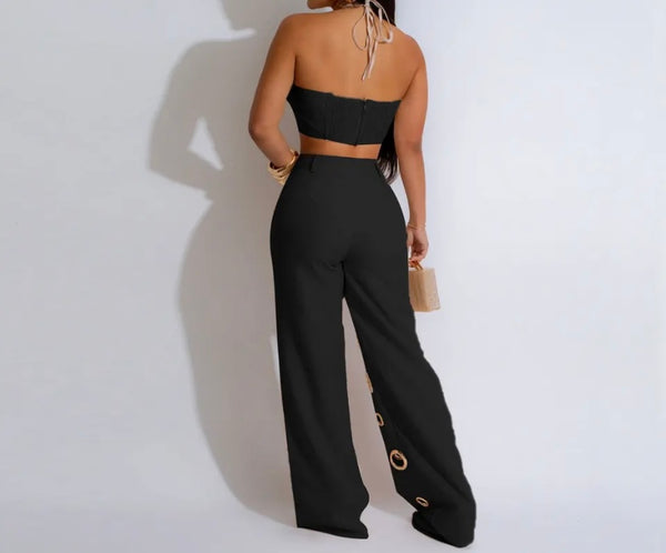Women Sexy Sleeveless Cut Out Circle Two Piece Pant Set