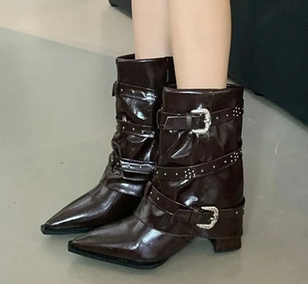 Women Pointed Toe Buckled Fashion Ankle Boots