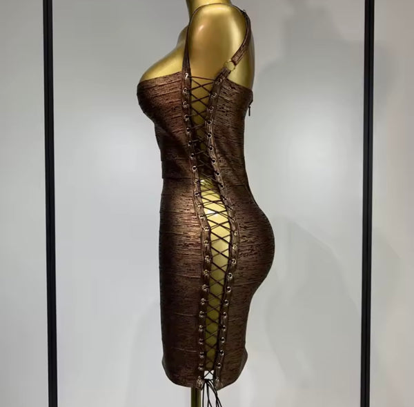 Women Sexy Sleeveless Lace Up Side Metallic Bandage Dress