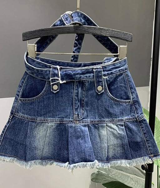 Women Fashion Fringe Pleated Denim Skirt