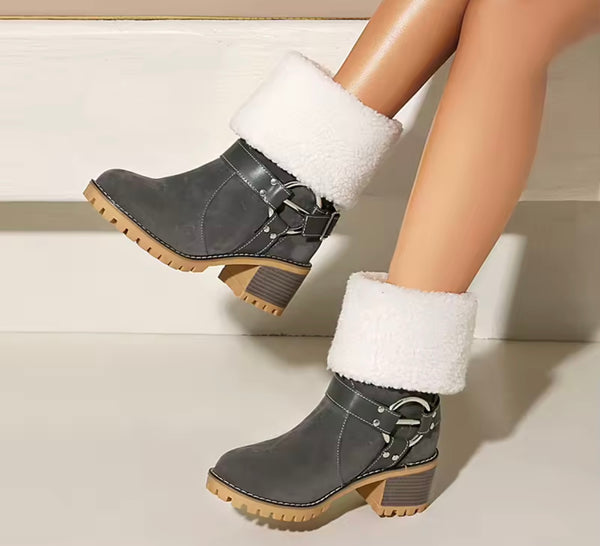 Women Fashion Color Suede Warm Furry Metal Ring Boots