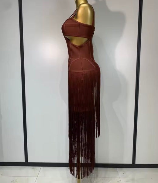 Women Sexy Sleeveless Fringe Tassel Cut Out Maxi Dress