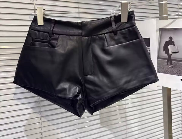 Women Fashion Faux Leather Jacket Two Piece Short Set