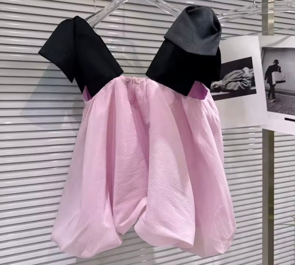 Women Pink Bow Sleeveless Two Piece Skirt Set