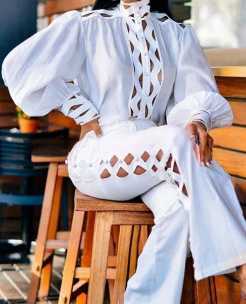 Women White Sexy Cut Out Full Sleeve Two Piece Pant Set