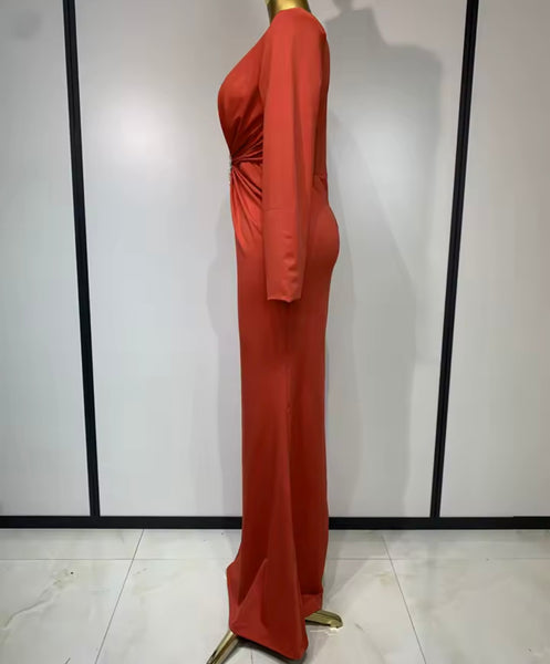 Women Sexy V-Neck Full Sleeve Ruched Rhinestone Maxi Dress