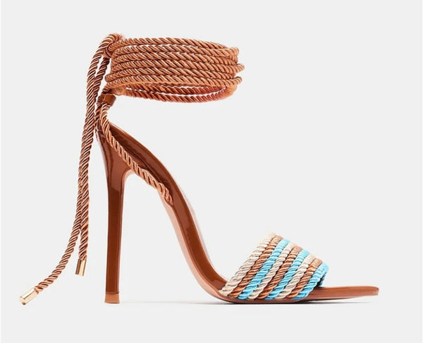 Women Color Striped Fashion Lace Up Sandals