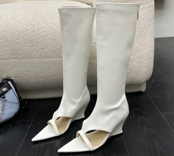 Women Fashion Pointed Open Toe Wedge Platform Knee High Boots