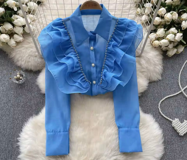 Women Bling Button Up Ruffled Mesh Fashion Top