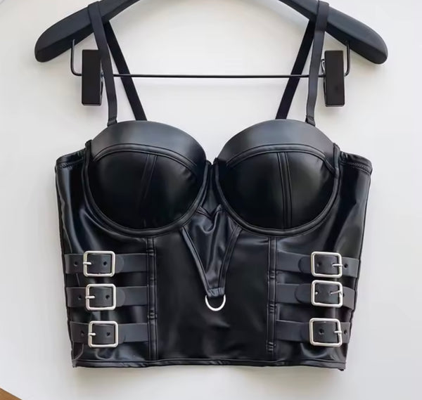Women Sleeveless Black Buckled Fashion Faux Leather Crop Top