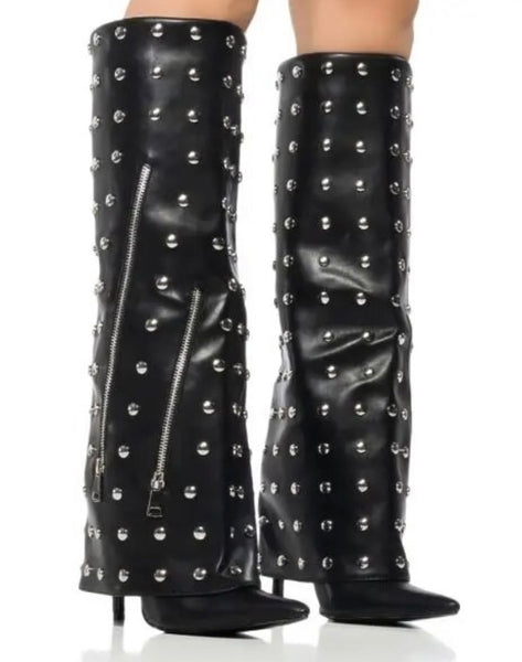 Women Black Rivet Zipper Faux Leather Knee High Boots