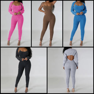 Women Sexy Solid Color Ribbed Two Piece Jumpsuit