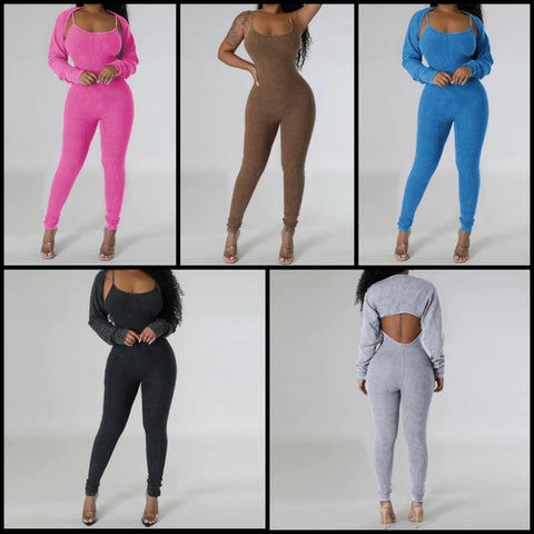 Women Sexy Solid Color Ribbed Two Piece Jumpsuit