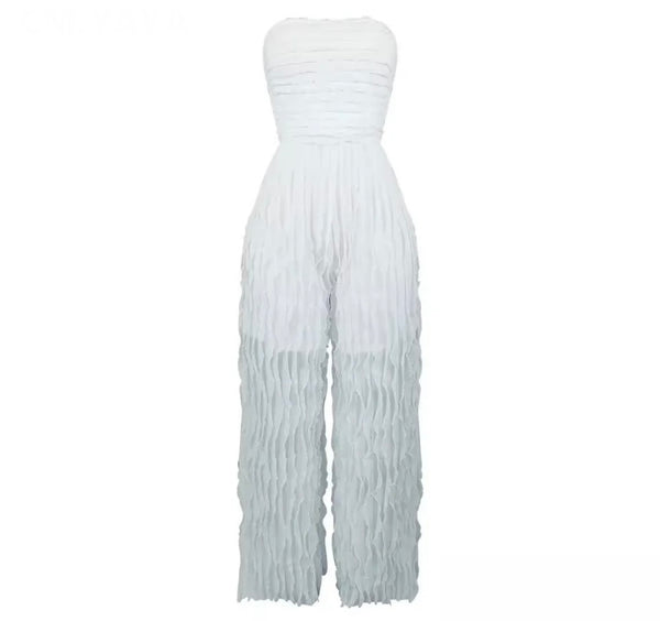 Women Sexy Strapless Solid Color Mesh Jumpsuit