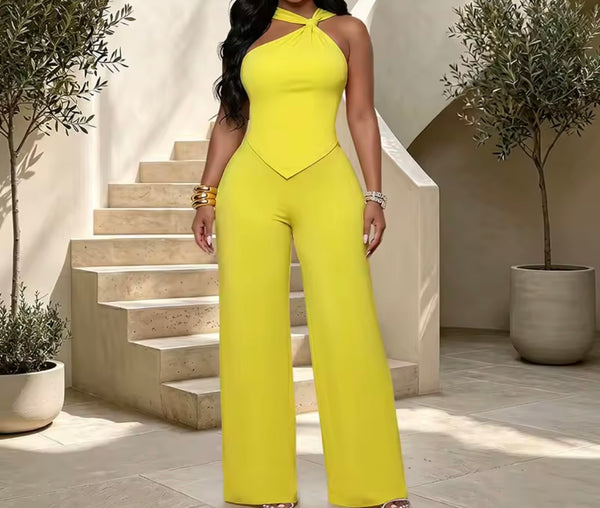 Women Halter Sleeveless Bow Open Back Two Piece Pant Set