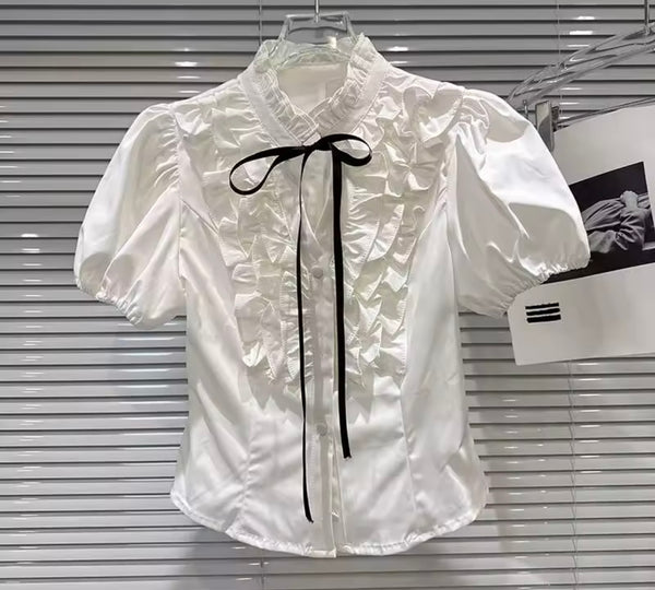 Women Button Up Ribbon Short Sleeve Two Piece Wrap Short Set
