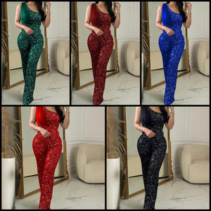 Women One Shoulder Sleeveless Sequins Sexy Jumpsuit