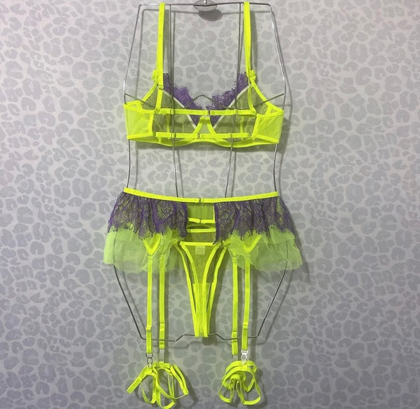 Women Sexy Lace Mesh Neon Color Patchwork Lingerie Set