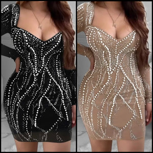 Women Sexy Pearl Bling Full Sleeve Mesh Dress