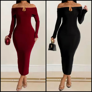 Women Sexy Solid Color Off The Shoulder Full Sleeve Maxi Dress